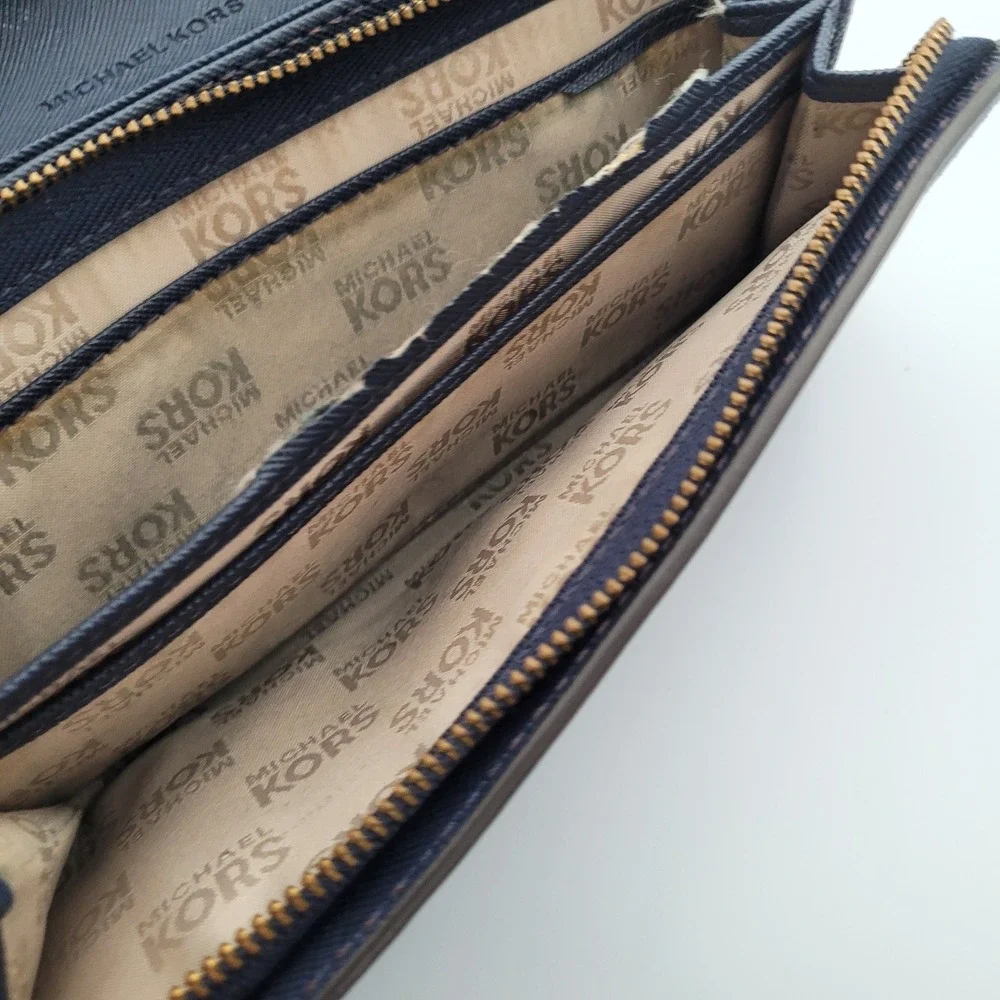 Michael Kors MK Envelop Fulton Flap Wallet Navy Blue Leather Gold Logo Long Fair